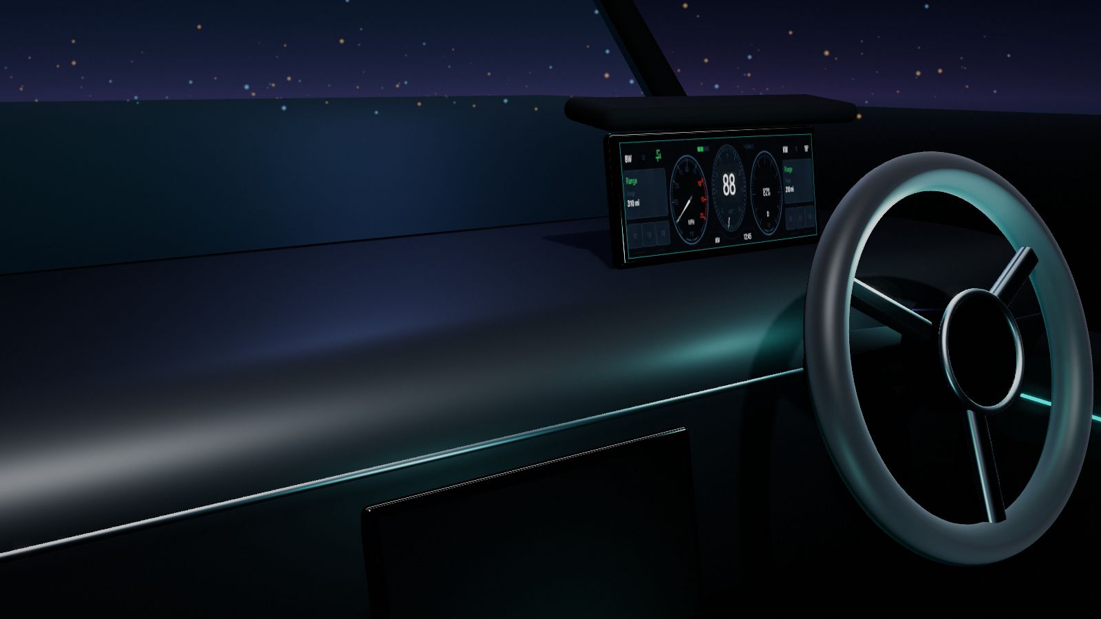 A generated instrument cluster shown on the curved display of a night-lit 3D cockpit